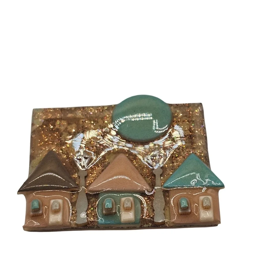 House Pins by Lucinda Brooch‎ Vintage Brown Teal Village Moon Glitter Art Pin